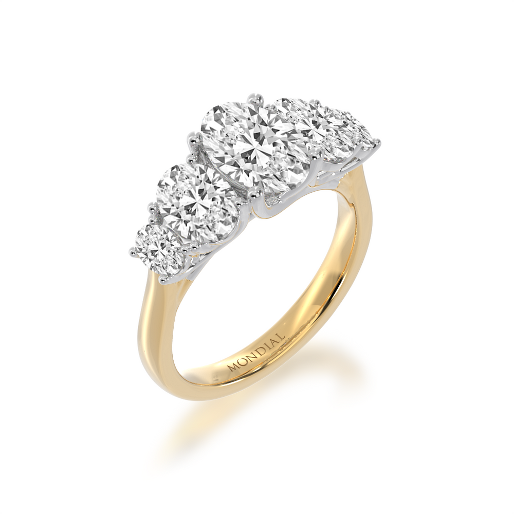 Five stone oval diamond ring on a yellow gold band from angle