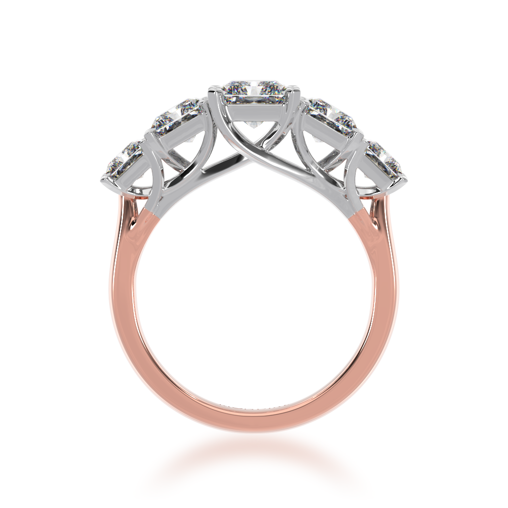 Five stone radiant cut diamond ring on a rose gold band view from front