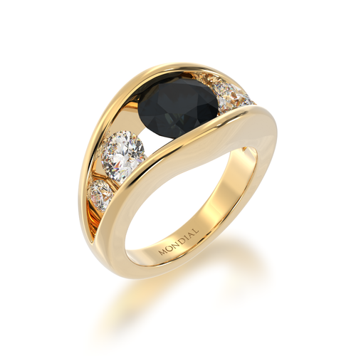 Flame design black Sapphire and Diamond five stone ring in yellow gold view from angle