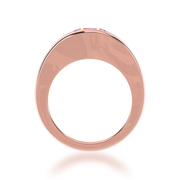 Flame design round brilliant cut pink sapphire and diamond five stone ring in rose gold view from angle 