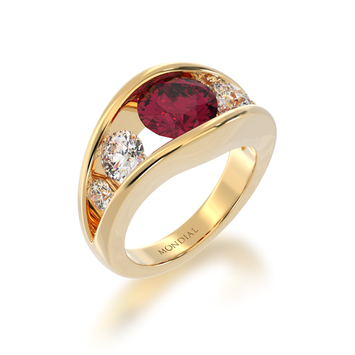 Flame design round brilliant cut ruby and diamond five stone ring in yellow gold view from angle