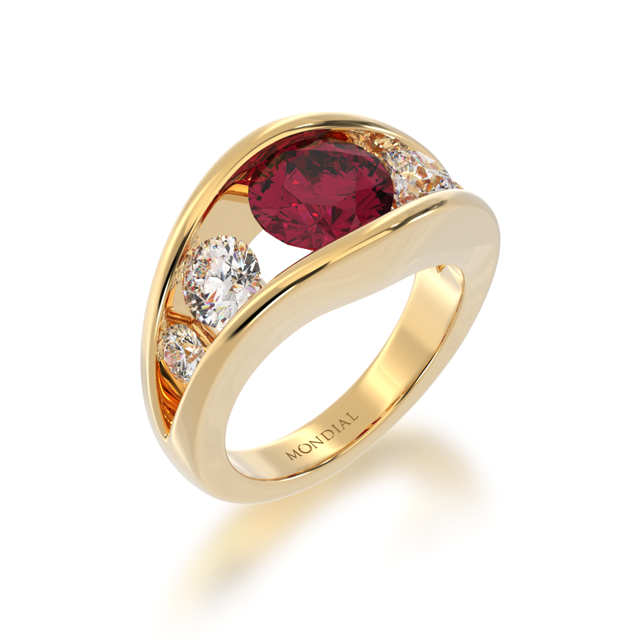 Flame design round brilliant cut ruby and diamond five stone ring in yellow gold view from angle 