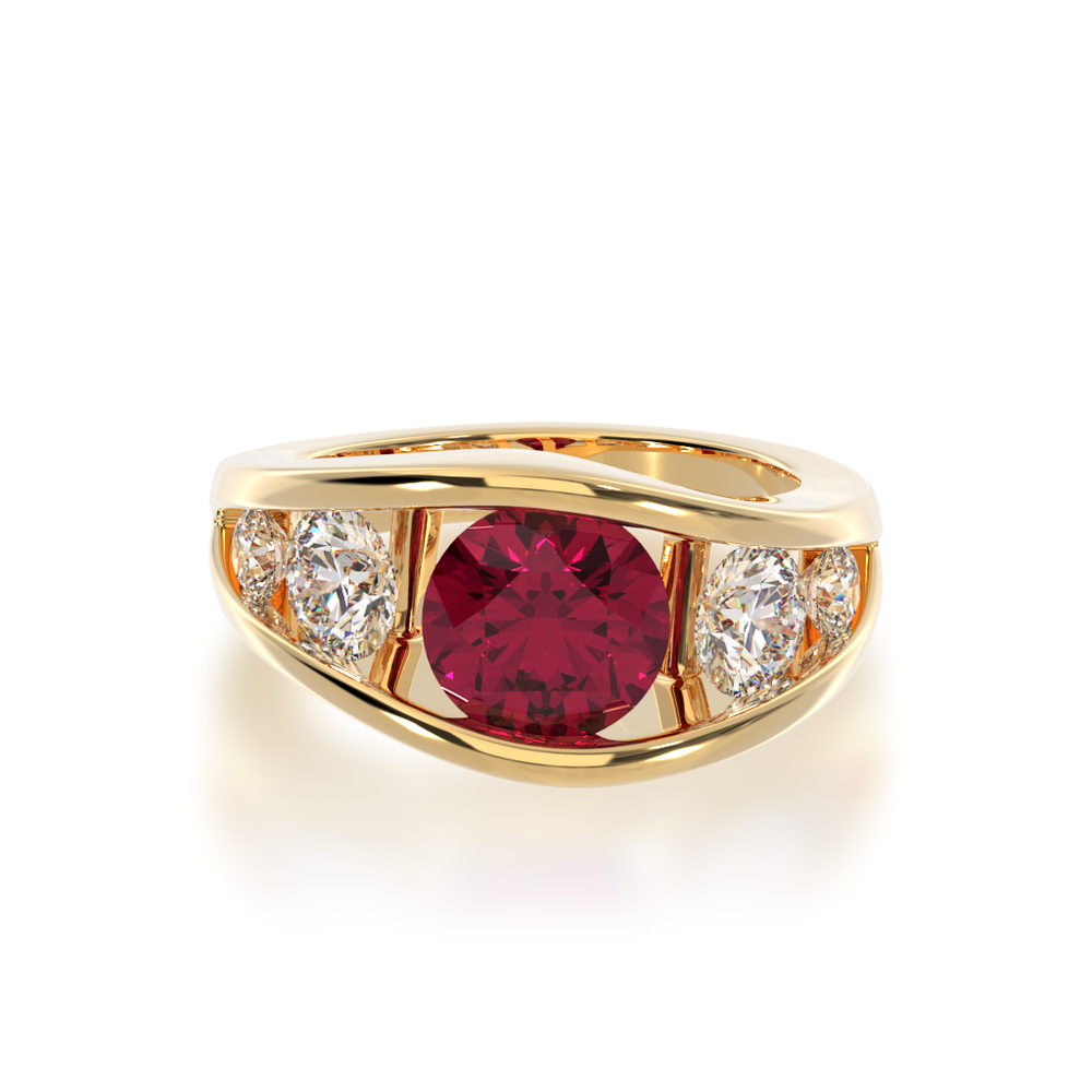 Flame design round brilliant cut ruby and diamond five stone ring in yellow gold view from top