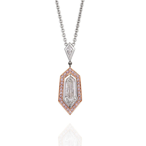 Shield cut white diamond pendant, surrounded by Argyle pink diamonds from our Lumiere collection