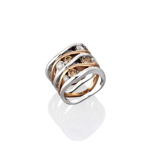 Multicolored ring with white and argyle champagne diamonds on a white background