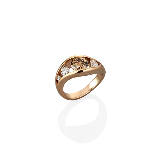 Flame design round brilliant cut dark champagne and diamond five stone ring in rose gold