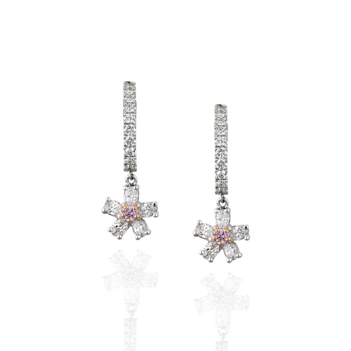 Pair of star-shaped earrings with pink and white diamonds on a white background