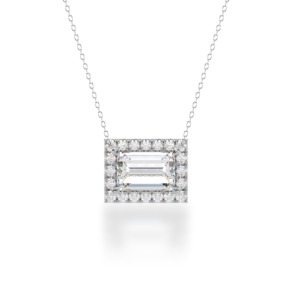 Baguette cut diamond halo pendant view from front