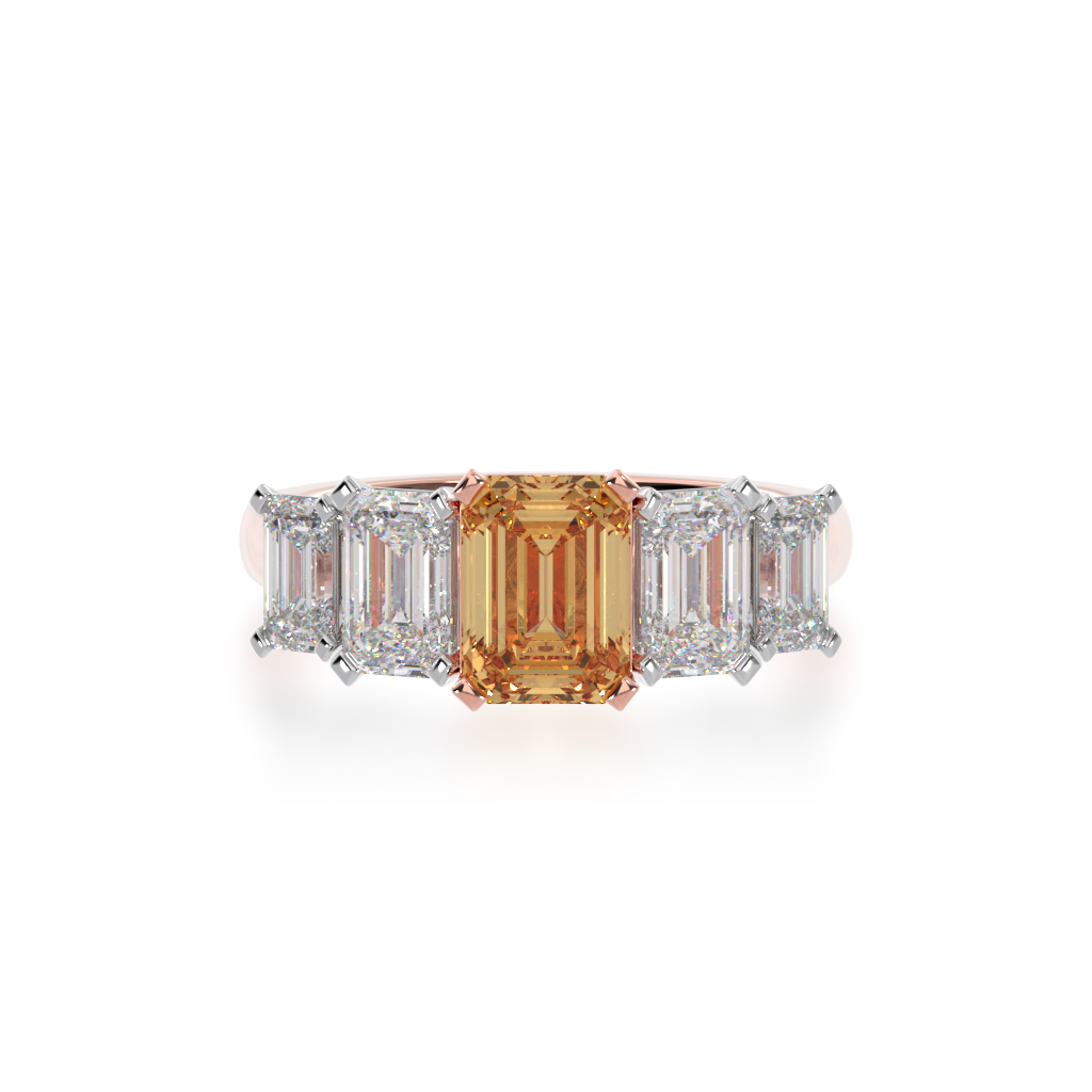 Five stone emerald cut champagne diamond ring on rose gold band
