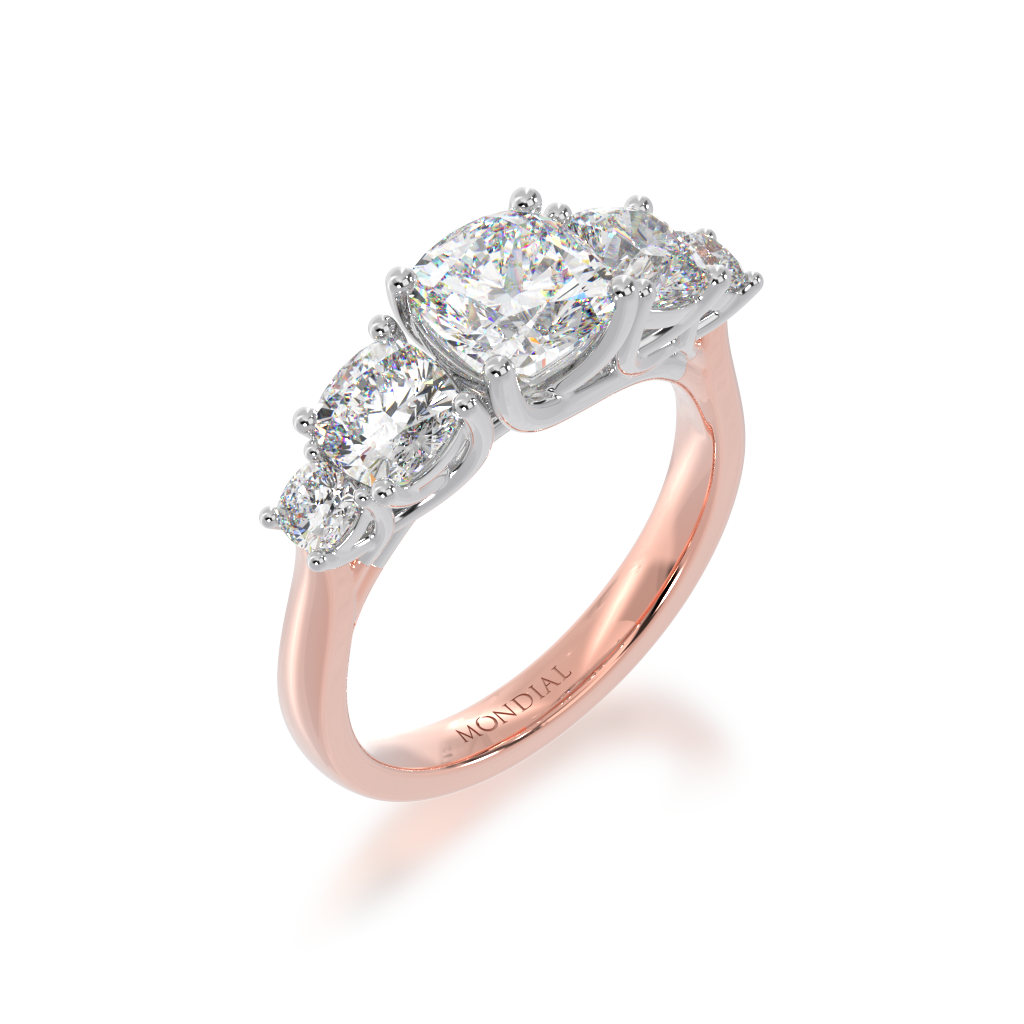 Five stone cushion cut ring on rose gold band view from angle