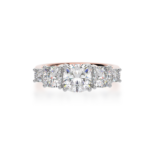 Five stone cushion cut diamond ring on rose gold band view from top