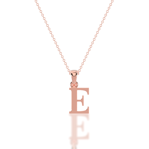 Rose gold necklace with 'E' pendant on a white background