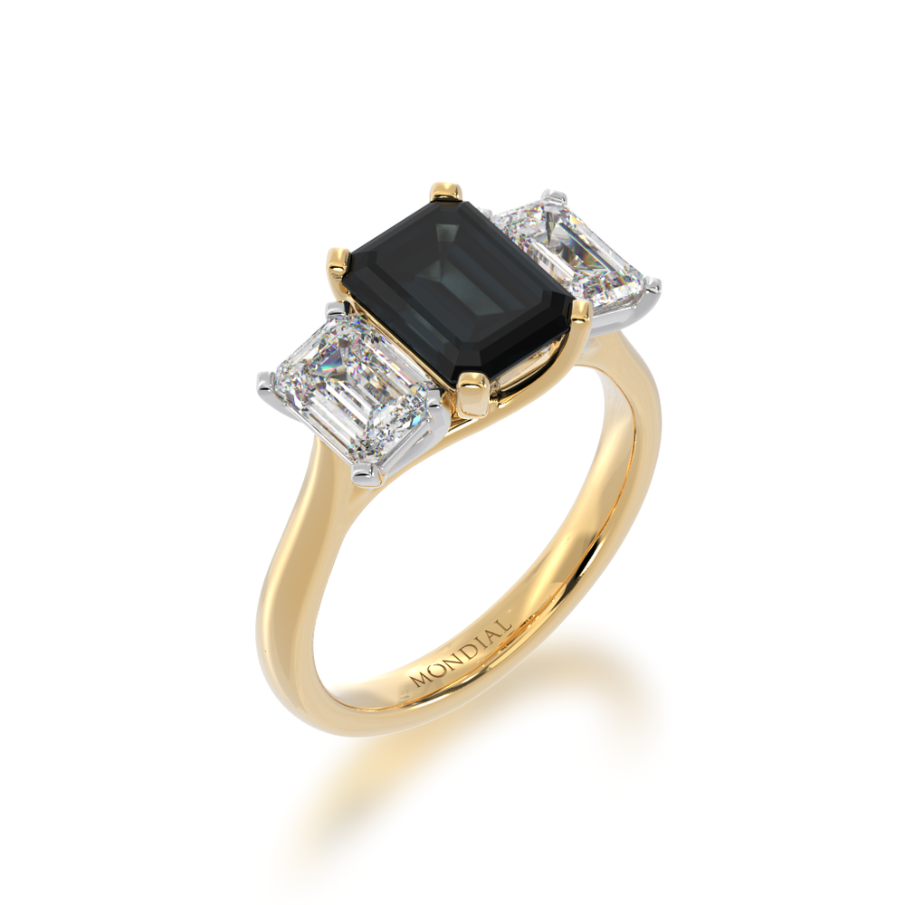 Trilogy emerald cut black sapphire and diamond ring on rose gold band view from angle 