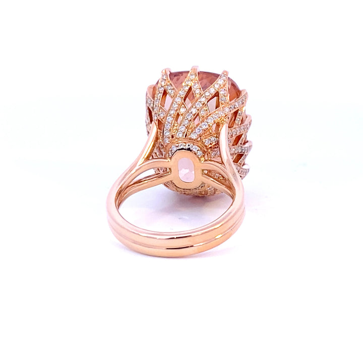 Elongated cushion cut Champagne, peach Morganite cocktail ring set with a cross hatched diamond basket view from back 