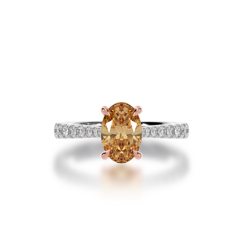 Front view of the Mondial by Nadia oval cut diamond ring with Champagne Diamond on a diamond set band.