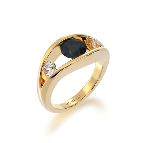 Flame design round brilliant cut black sapphire and diamond ring in yellow gold view from angle