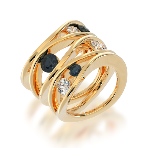 Multi flame design round brilliant cut black sapphire and diamond ring in yellow gold view from angle
