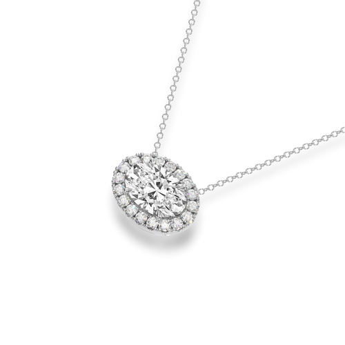 Oval cut diamond halo pendant view from top