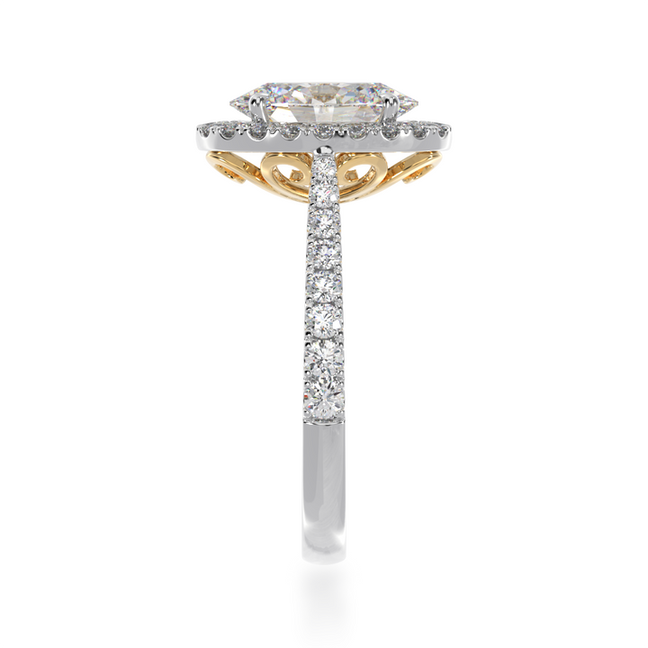 Oval cut diamond halo ring with diamond set band