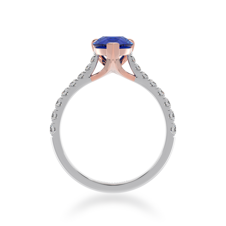 Pear shaped blue sapphire solitaire ring with diamond set band view from front