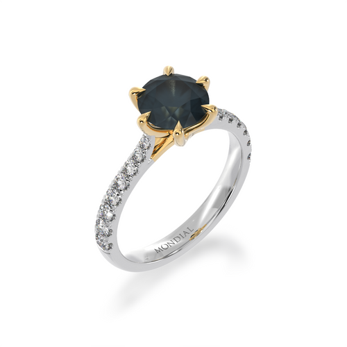 Round brilliant cut black sapphire solitaire ring with diamond set band view from angle