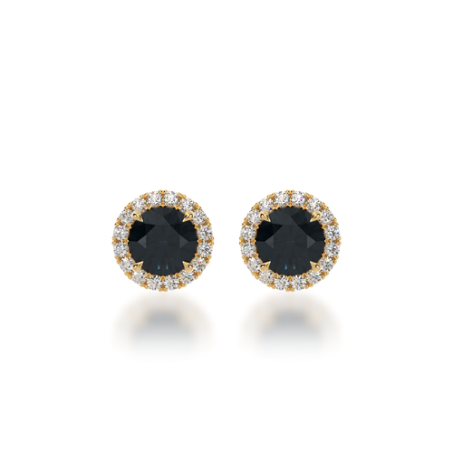 Round brilliant cut black sapphire and diamond halo stud earrings view from front