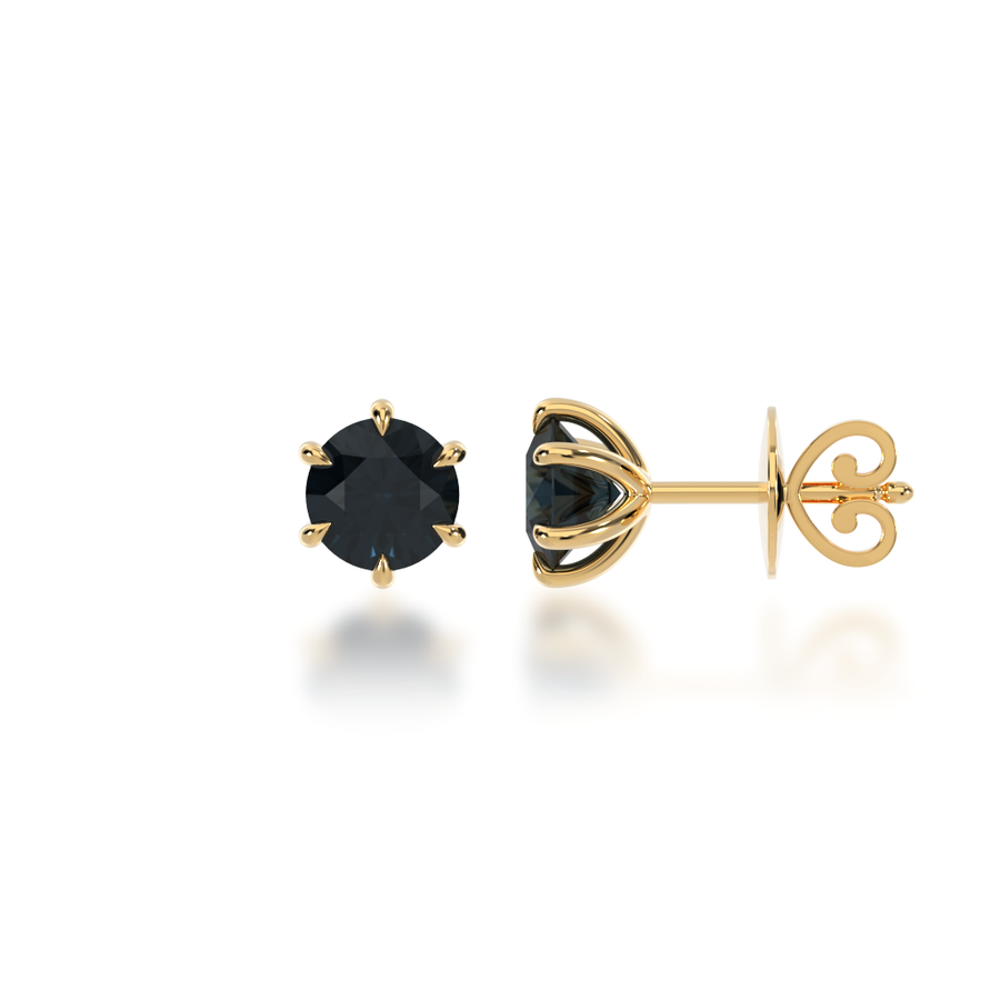 Round brilliant cut black sapphire stud earrings view from side 