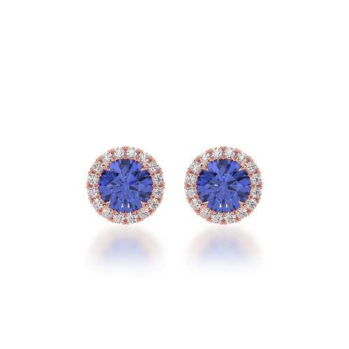 Round brilliant cut blue sapphire and diamond halo stud earrings view from front