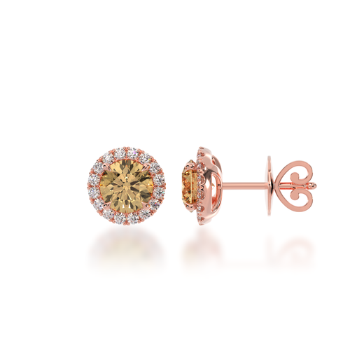 Round brilliant cut champagne diamond halo stud earrings view from side