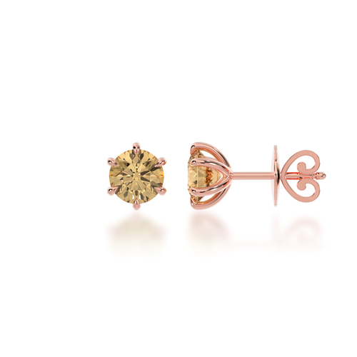 Round brilliant cut champagne diamond stud earrings view from side
