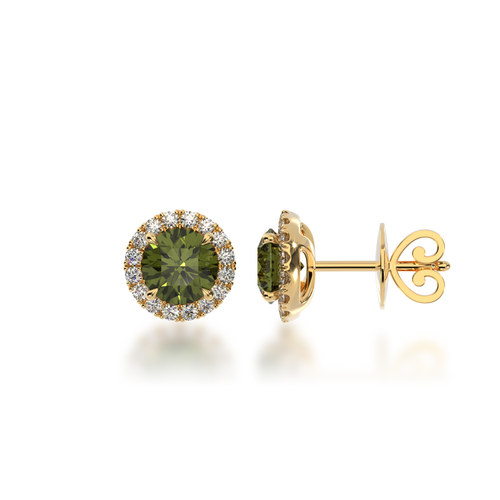 Round brilliant cut parti sapphire and diamond halo stud earrings view from side