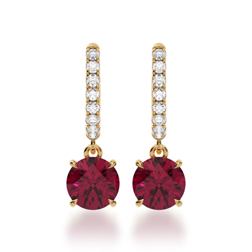 Round brilliant cut Ruby drop earrings on diamond set huggie