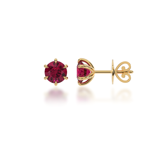 Round brilliant cut ruby stud earrings view from side