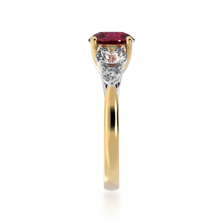 Five stone round ruby and diamond ring from side