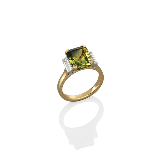 Sapphire green parti trilogy diamond engagement classic dress ring shown from the side view