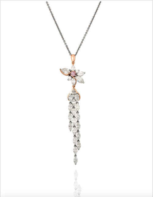 A pink Argyle diamond pendant with a detachable cascading marquise cut diamond drop and a South Sea pearl drop, set in white and rose gold.