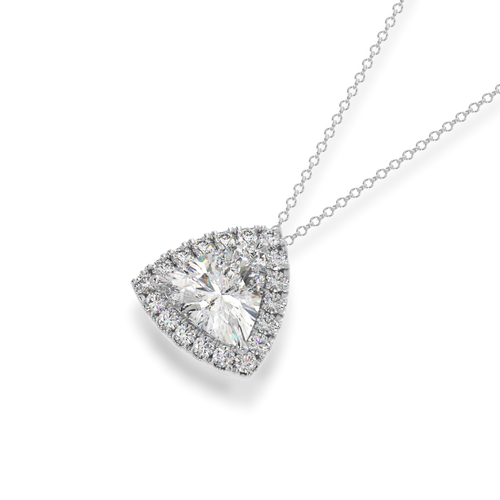 Trilliant cut diamond halo pendant view from angle