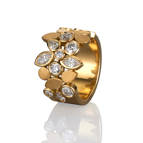 White diamond large dress ring in yellow gold