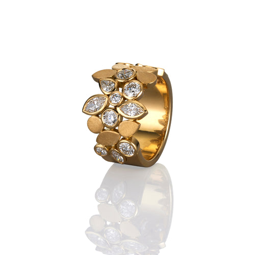 White diamond large dress ring in yellow gold