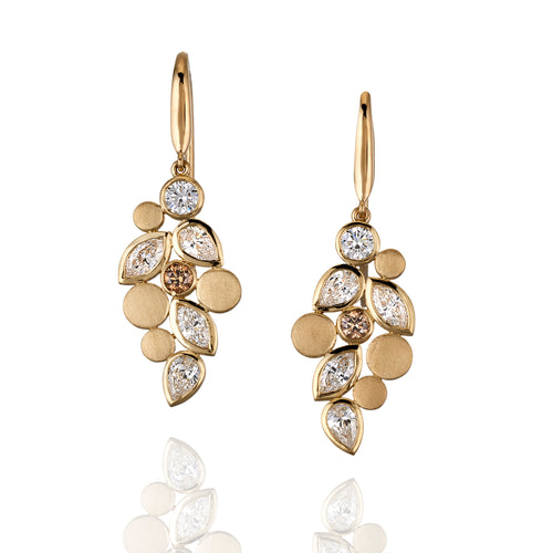 Cognac diamond and white diamond drop earrings in yellow gold