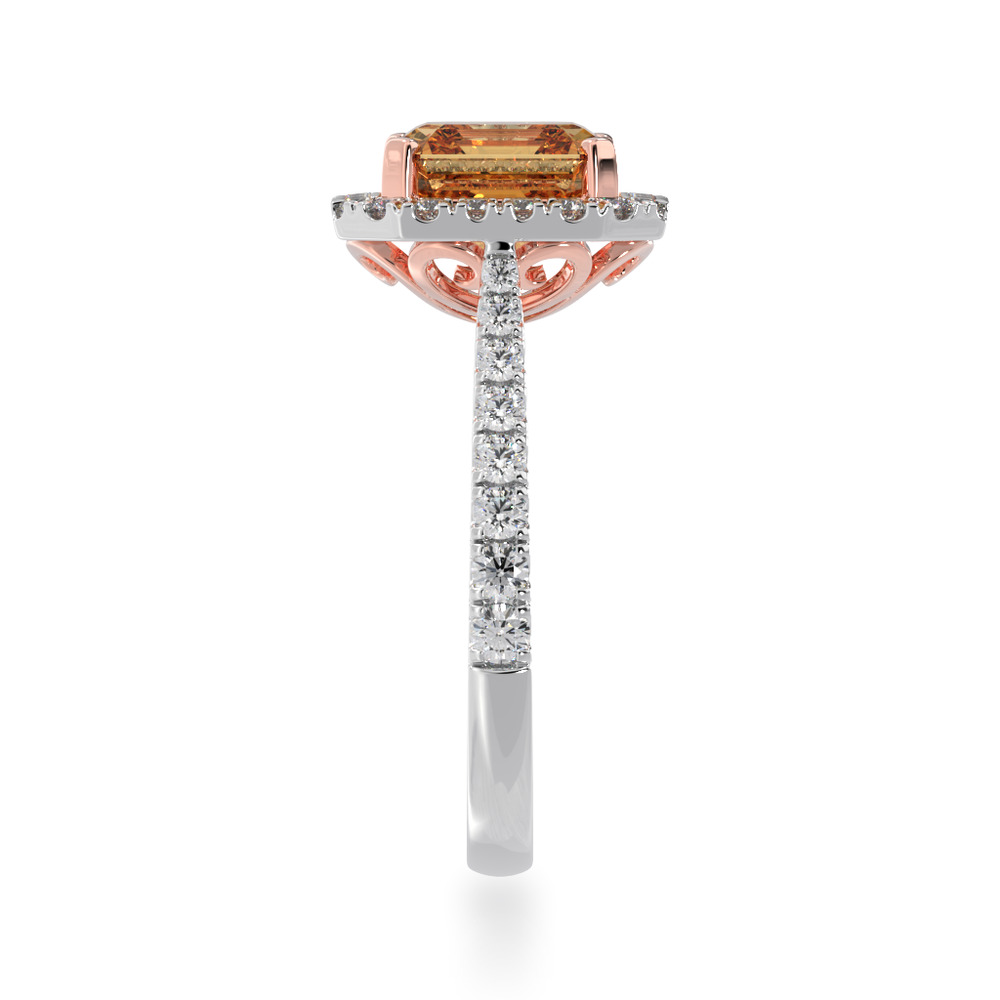 Asscher cut champagne diamond halo ring with diamond set band view from side