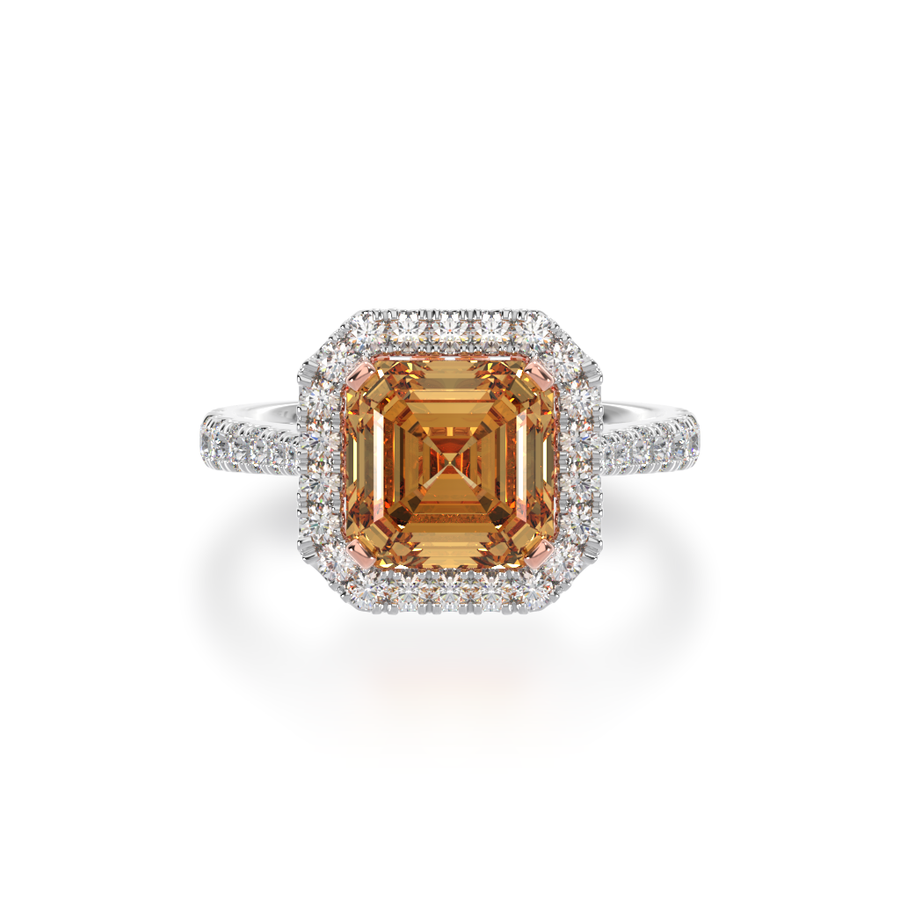 Asscher cut champagne diamond halo ring with diamond set band view from top