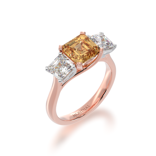 Trilogy asscher cut champagne and diamond ring on rose gold band view from angle
