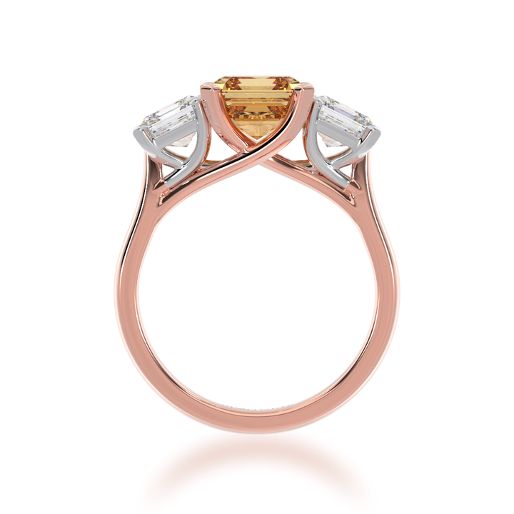 Trilogy asscher cut champagne and diamond ring on rose gold band view from front 