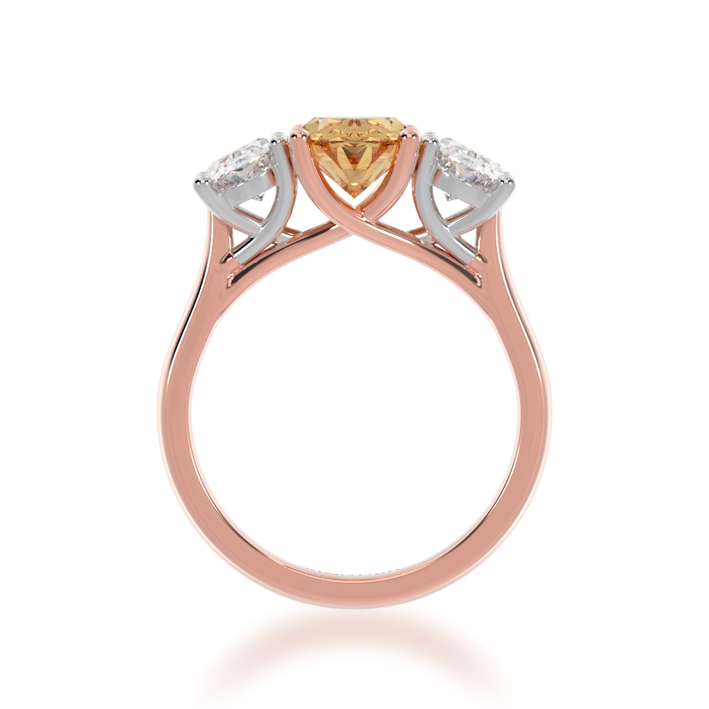 Trilogy oval cut champagne and diamond ring on rose gold band view from front 