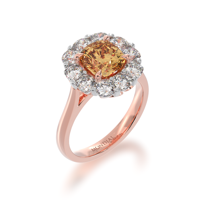 Cushion cut champagne diamond cluster ring on rose gold band view from angle 