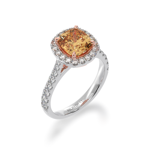 Cushion cut champagne diamond halo ring with diamond set band view from angle