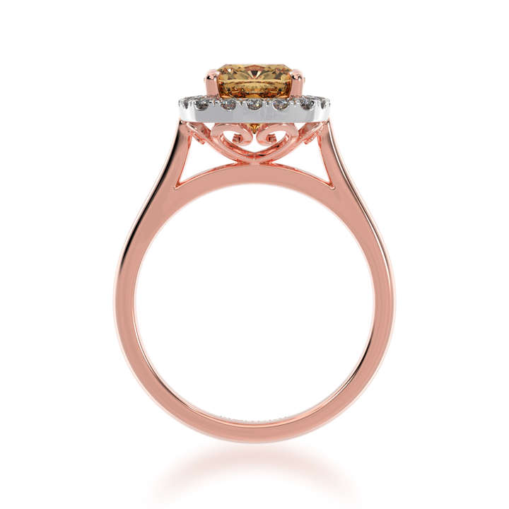 Cushion cut champagne diamond halo ring on rose gold band view from front