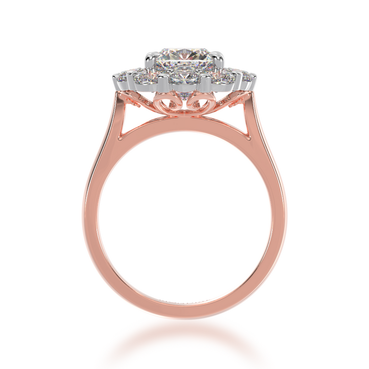 Cushion cut diamond cluster ring on a rose gold band view from front 