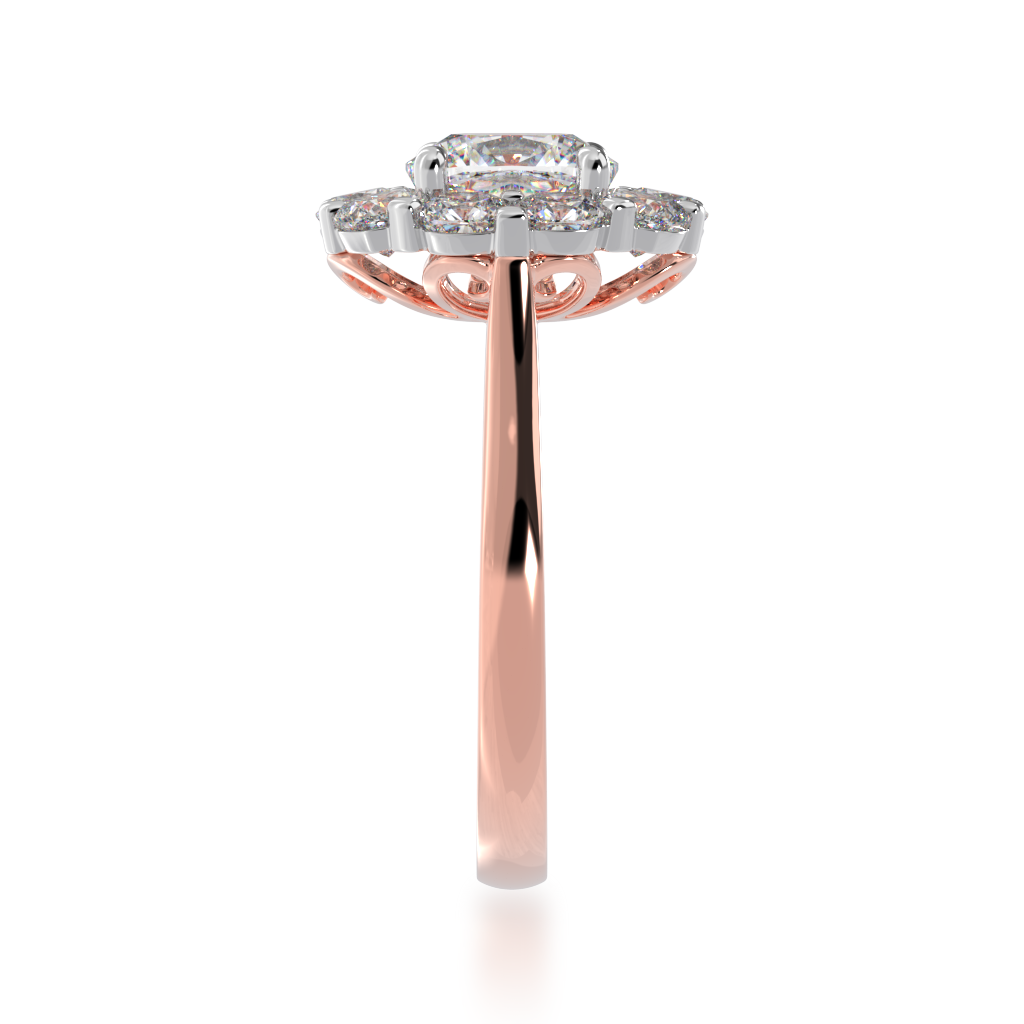 Cushion cut diamond cluster ring on a rose gold band view from side 
